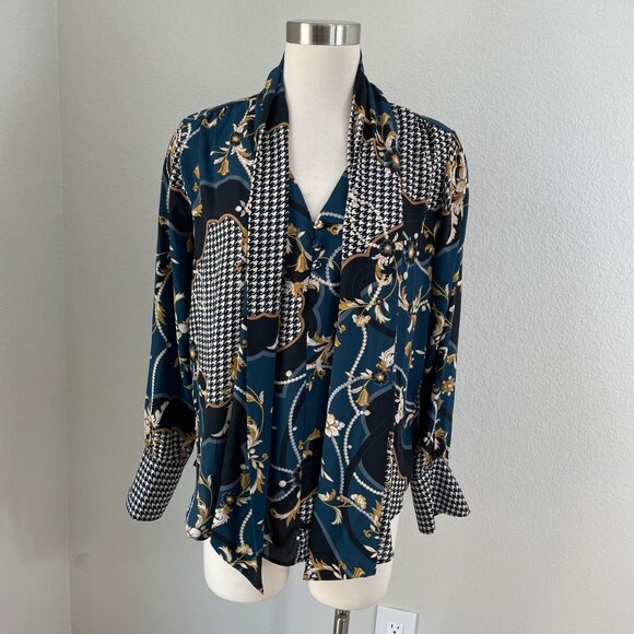 Ann Taylor Womens Small Mixed Print Tie Neck Blouse Long Sleeve Shirt Top - Picture 1 of 11